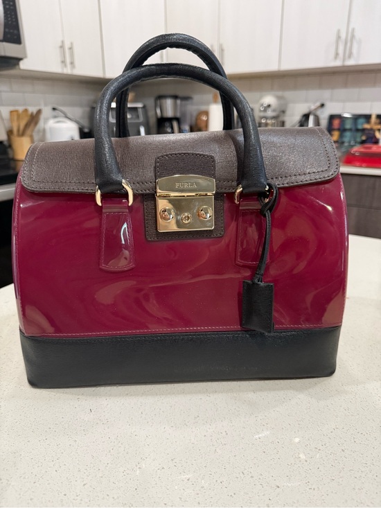 Furla Handbags - Furla Two-Tone Patent Satchel in Burgundy, Black and Brown